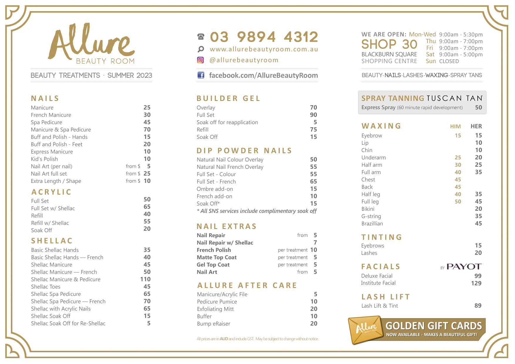 Price List and Beauty Treatments